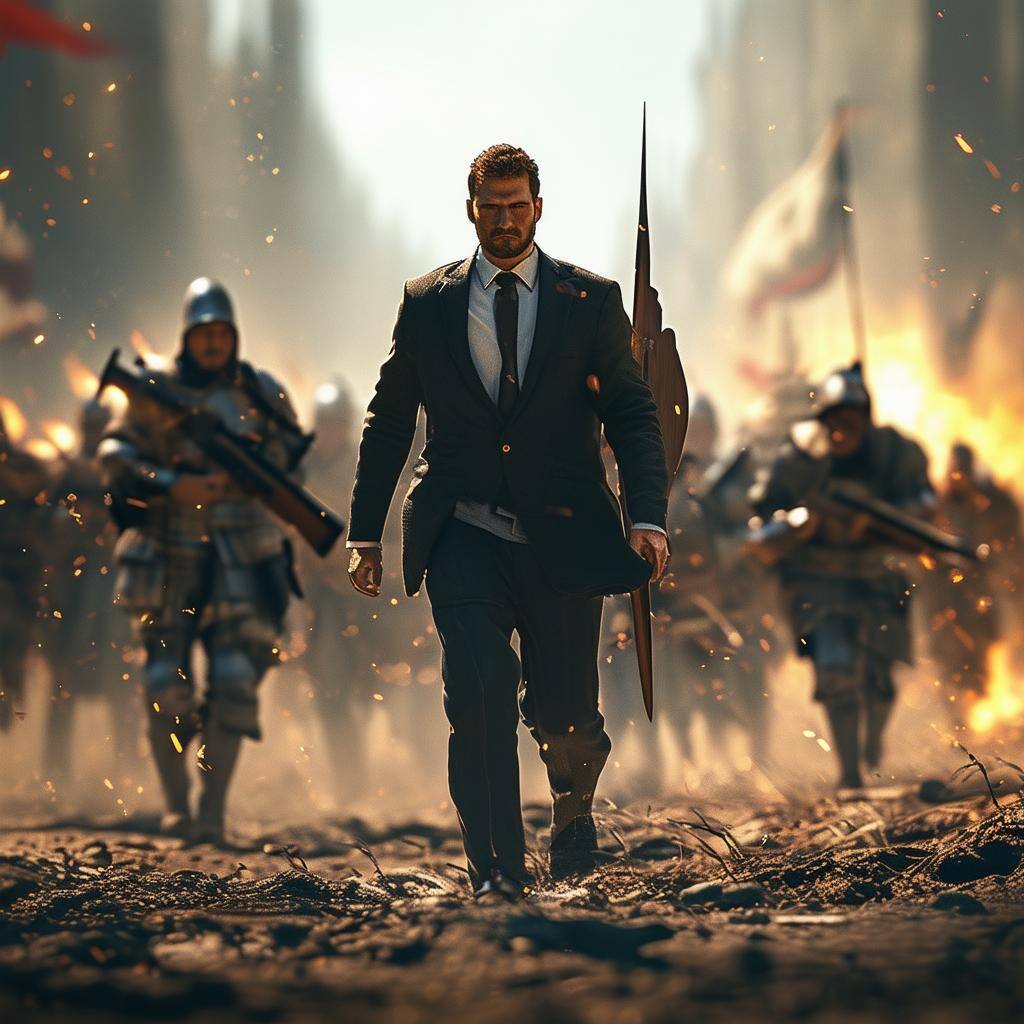 A photorealistic image that represents a project manager leading a project team into battle